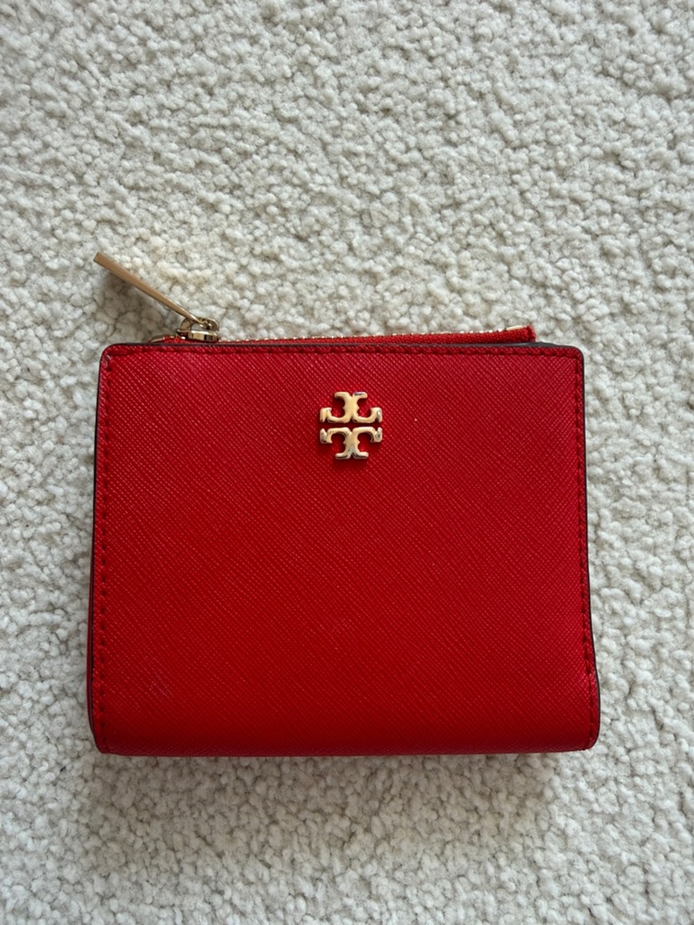 Tory Burch Brilliant Red Saffiano Leather Mini Emerson Wallet with Gold Logo